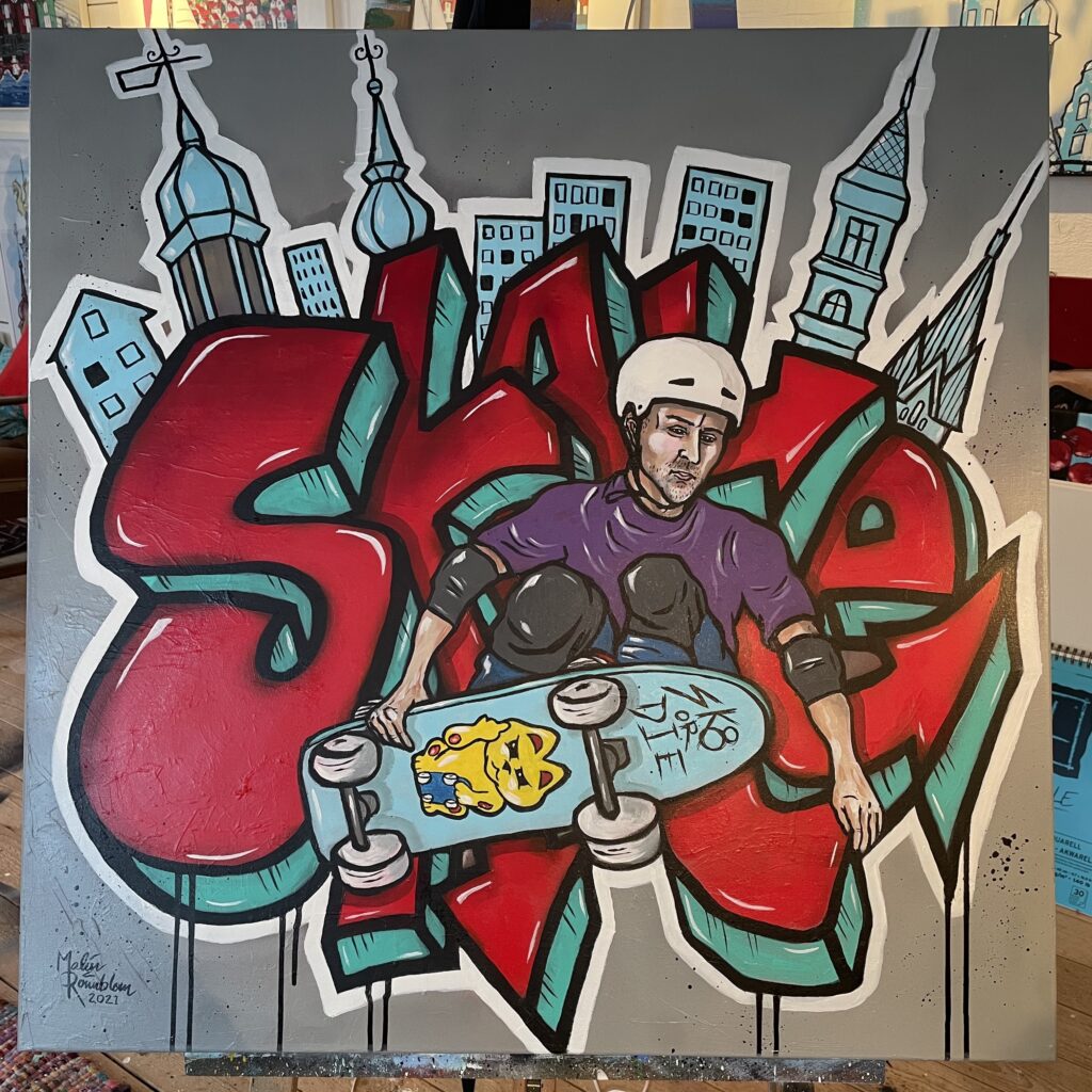 Graffitiinspirerad målning med en skateåkare.
